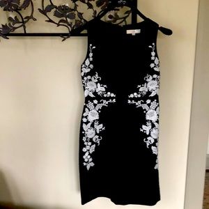 LOFT black linen dress with white embroidery